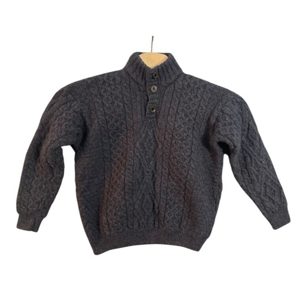 Aran Woollen Mills Mens Merino Wool Cable Knit Button Mock Neck Sweater Grey L